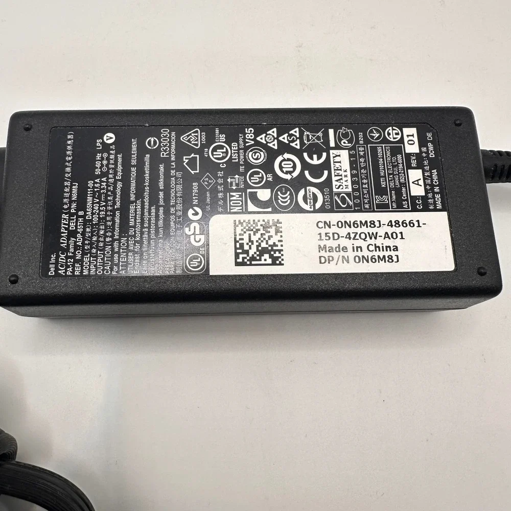 Dell 65W AC Adapter Charger 19.5V 3.34A PA-12 Family 0N6M8J DA65NM111-00